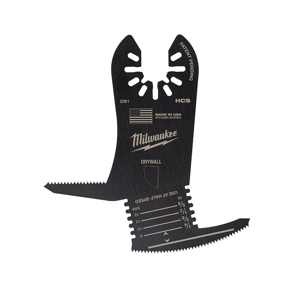 Milwaukee OPEN-LOK 5-in-1 drywall blade with serrated cutting edges and multiple slot widths marked on black metal body.