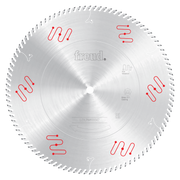 Freud 14-inch circular saw blade with silver coating and fine teeth for wood and composite cutting.