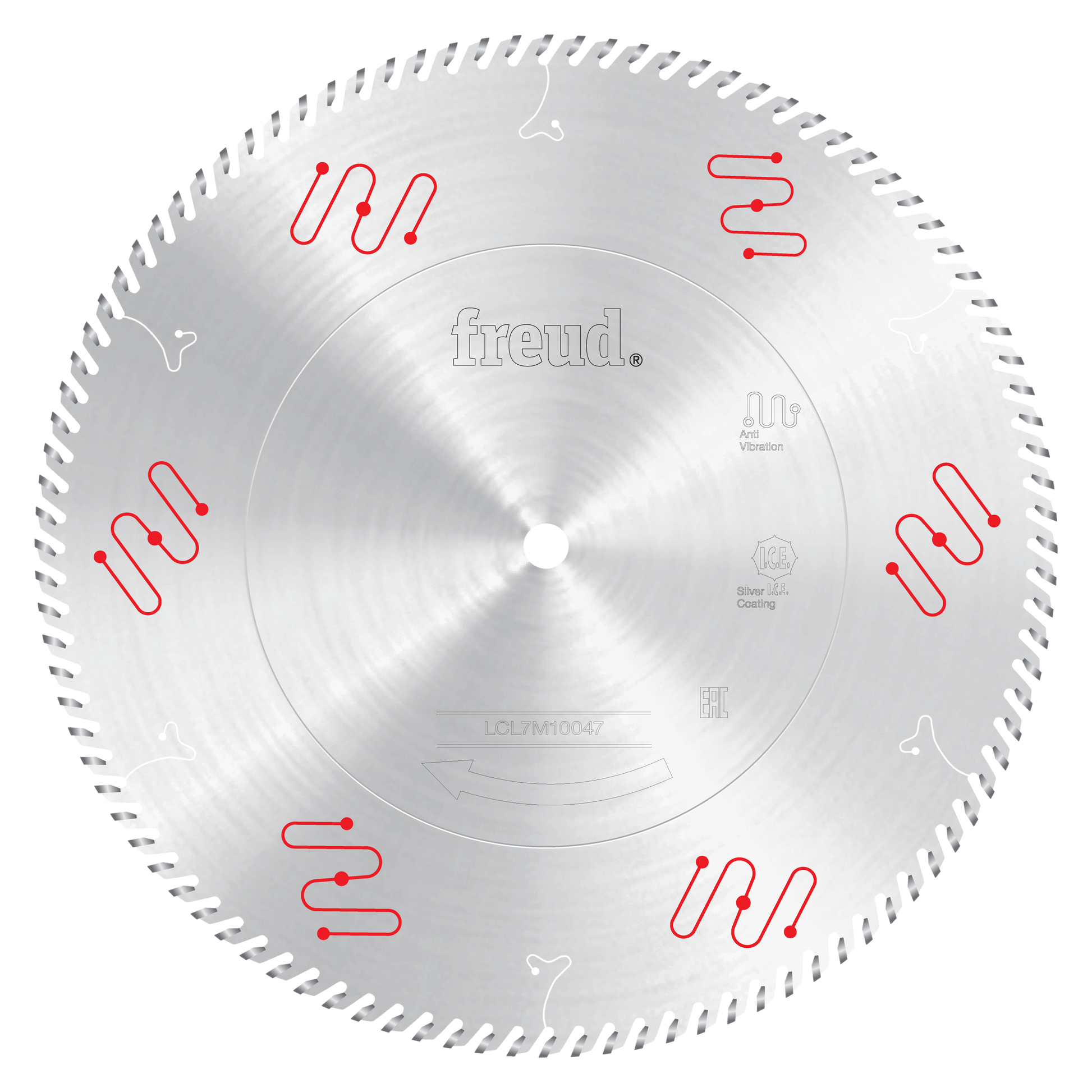 Freud 14-inch circular saw blade with silver coating and fine teeth for wood and composite cutting.