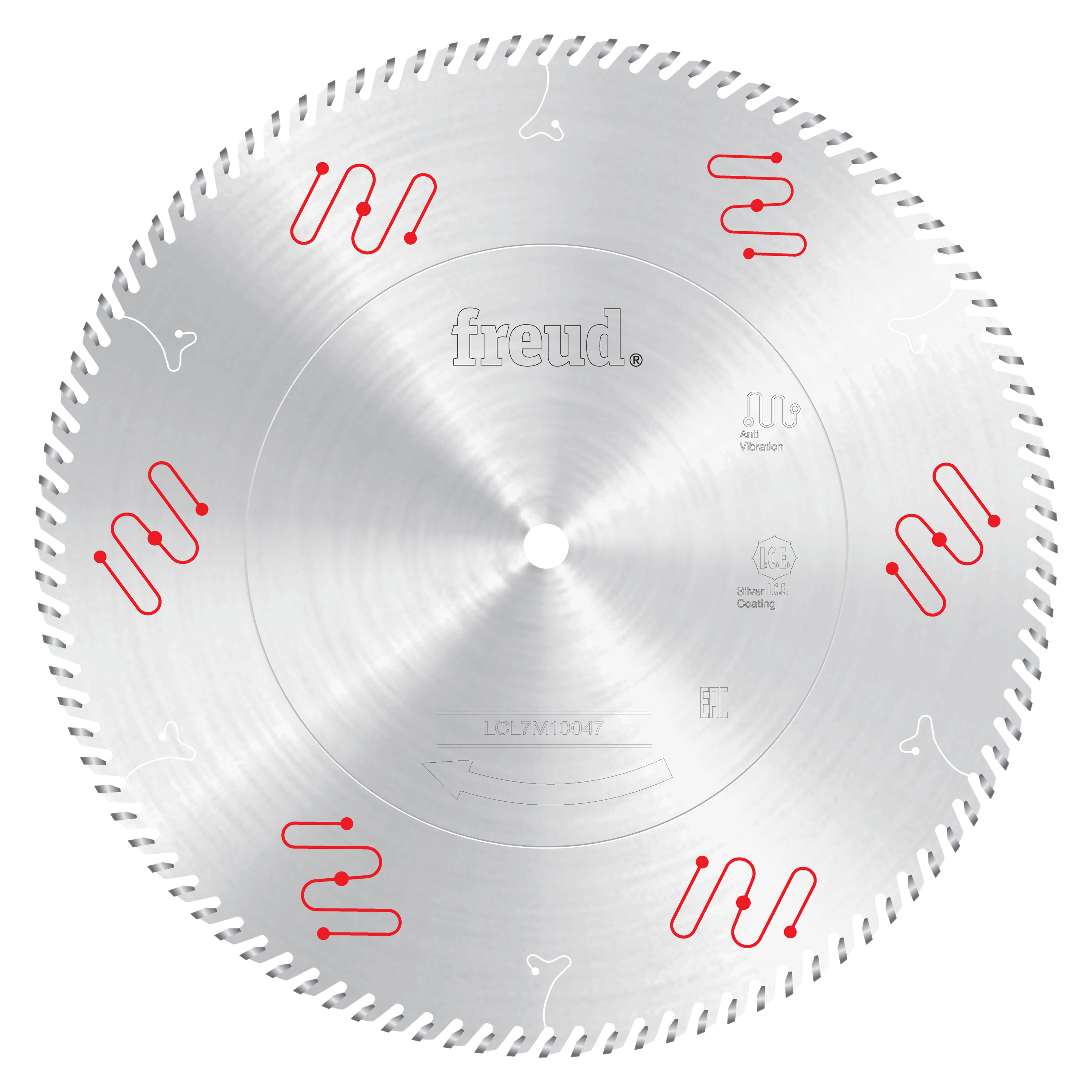 Freud 14-inch circular saw blade with silver coating and fine teeth for wood and composite cutting.