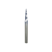 Metal tapered ball tip router bit with spiral flutes and pointed end.