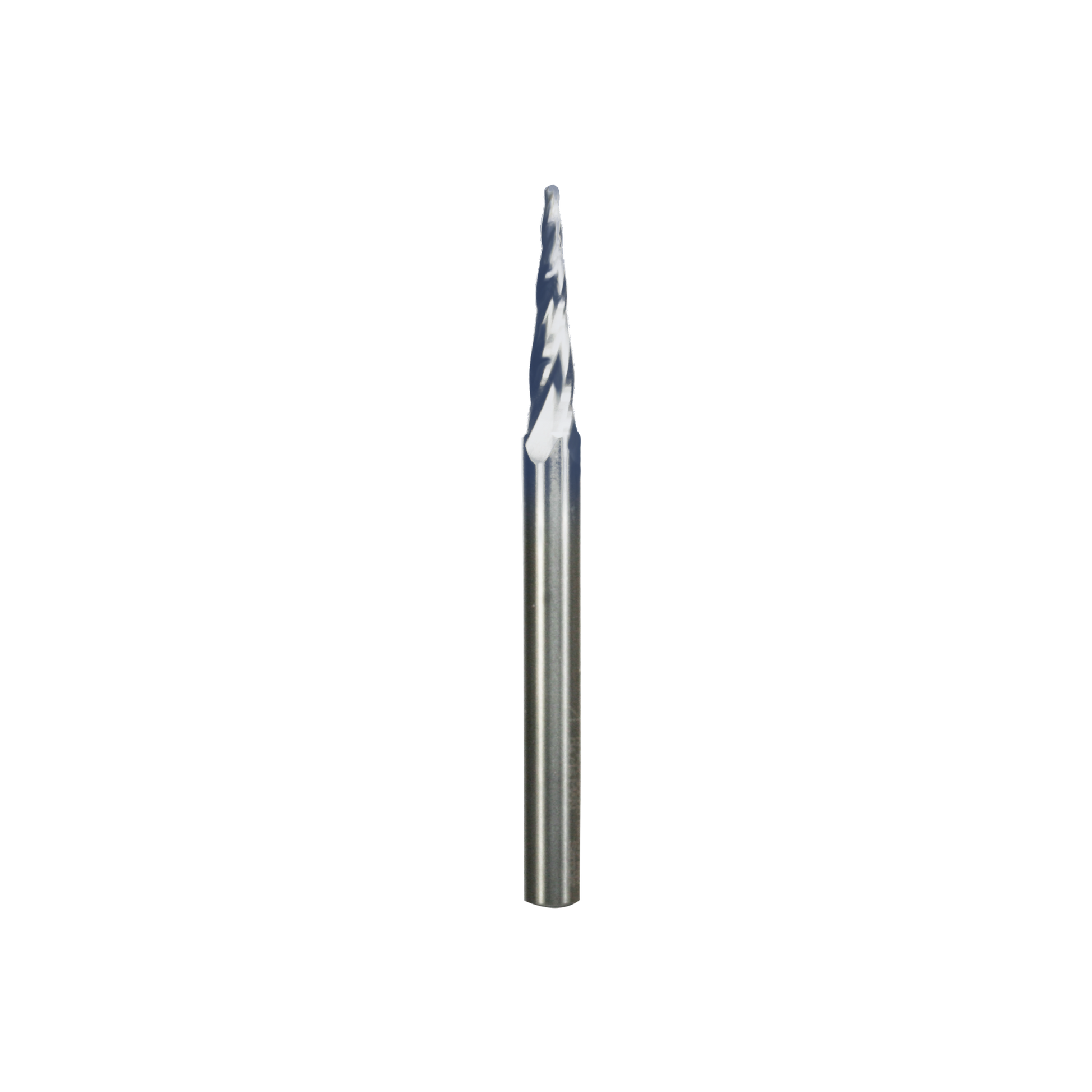 Metal tapered ball tip router bit with spiral flutes and pointed end.
