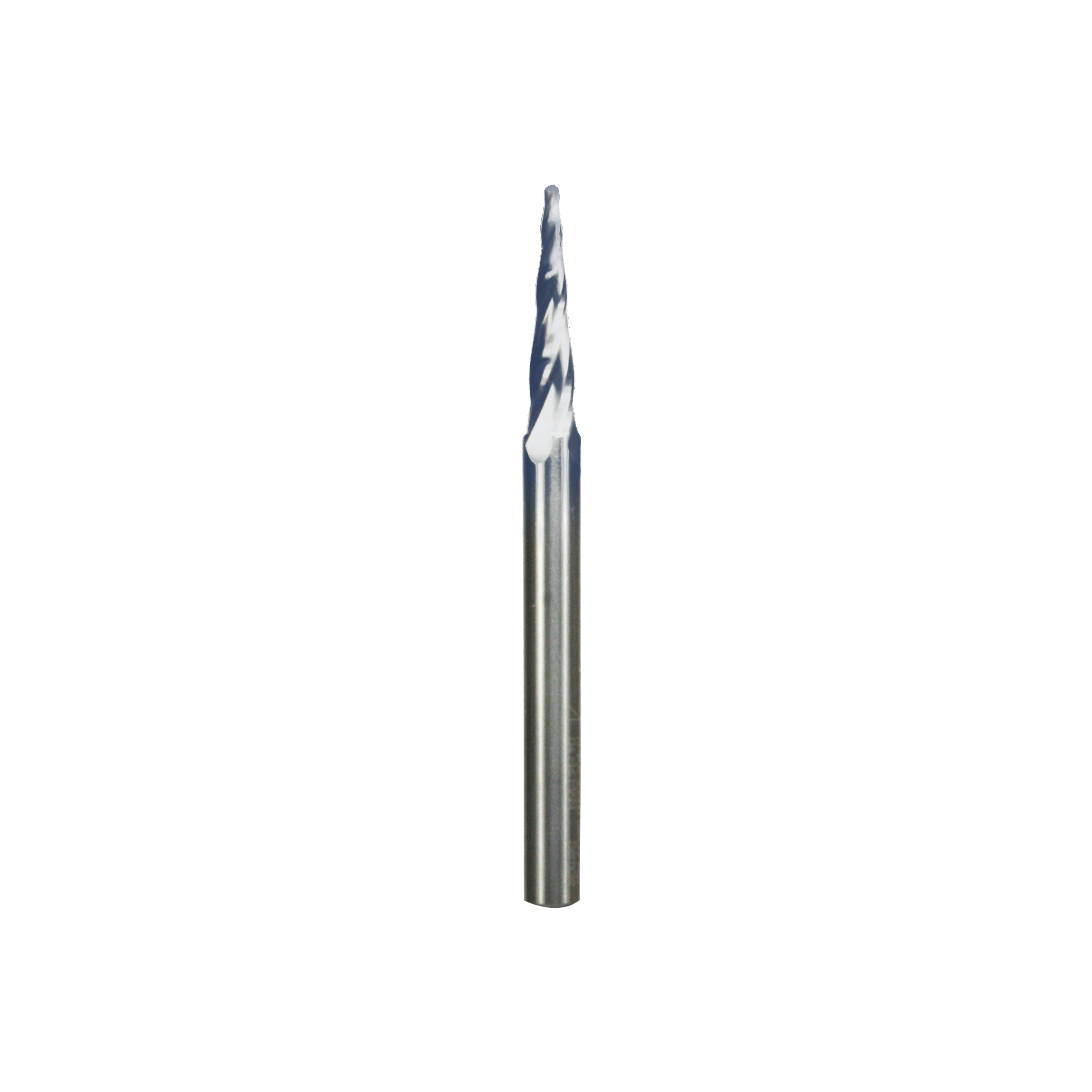 Metal tapered ball tip router bit with spiral flutes and pointed end.