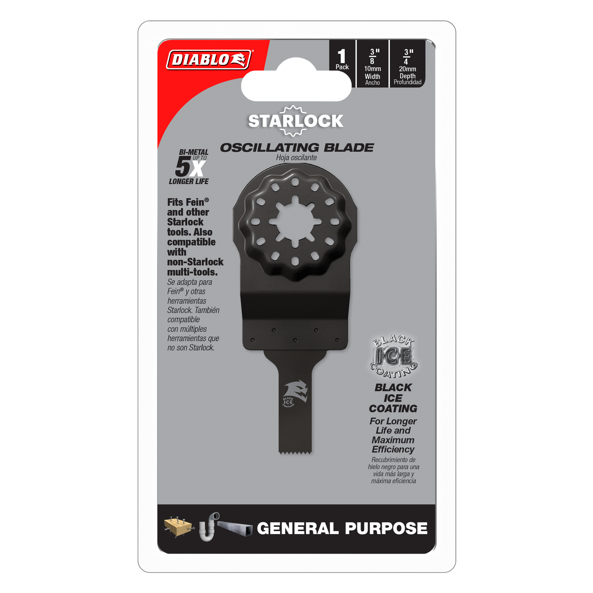 Diablo 3/8 inch Starlock bi-metal oscillating blade with black ice coating on retail packaging.
