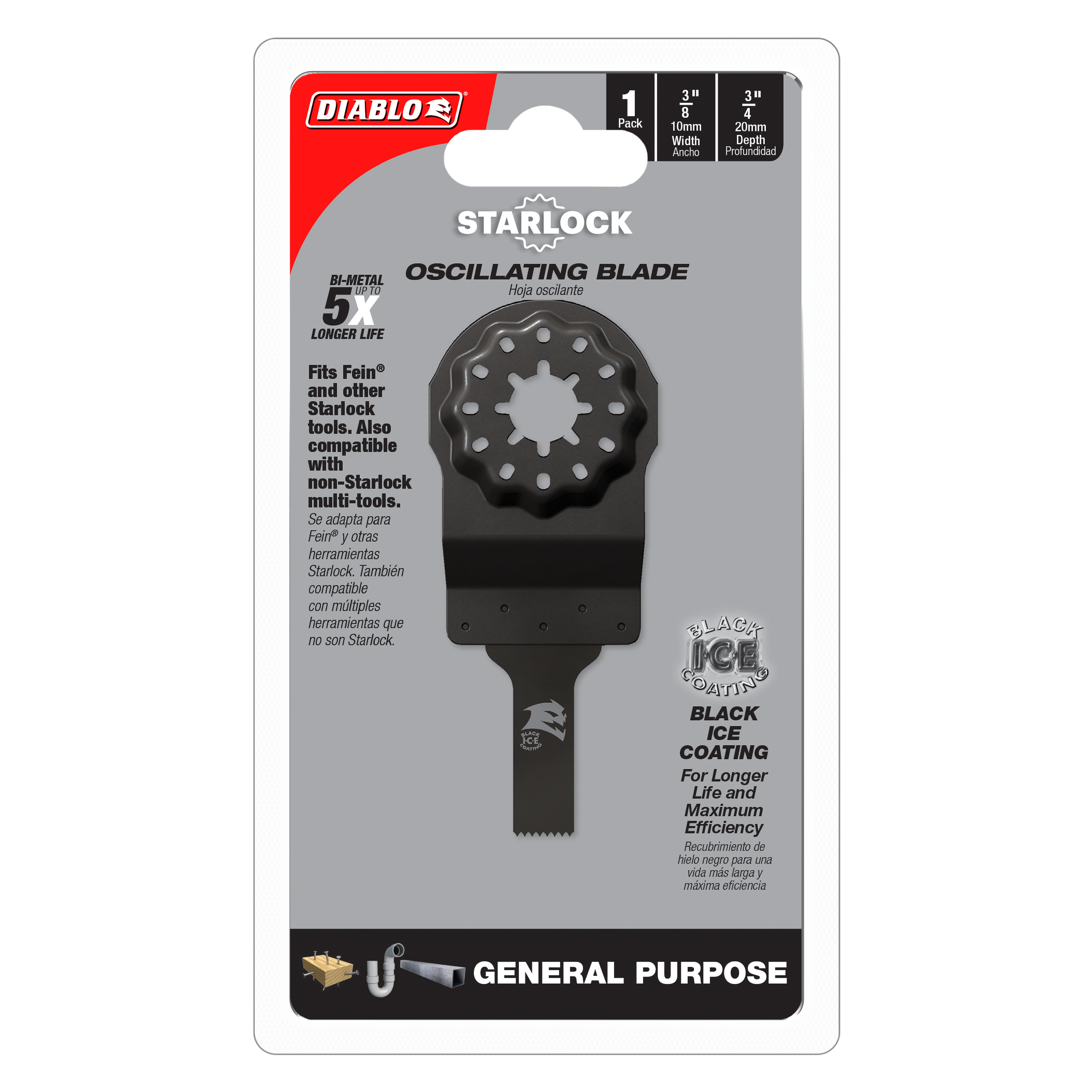Diablo 3/8 inch Starlock bi-metal oscillating blade with black ice coating on retail packaging.