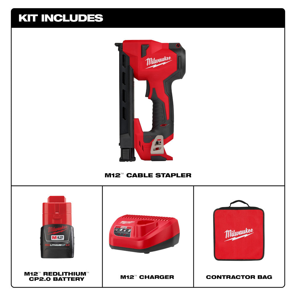 Red and black Milwaukee M12 cable stapler with battery, charger, and contractor bag included.