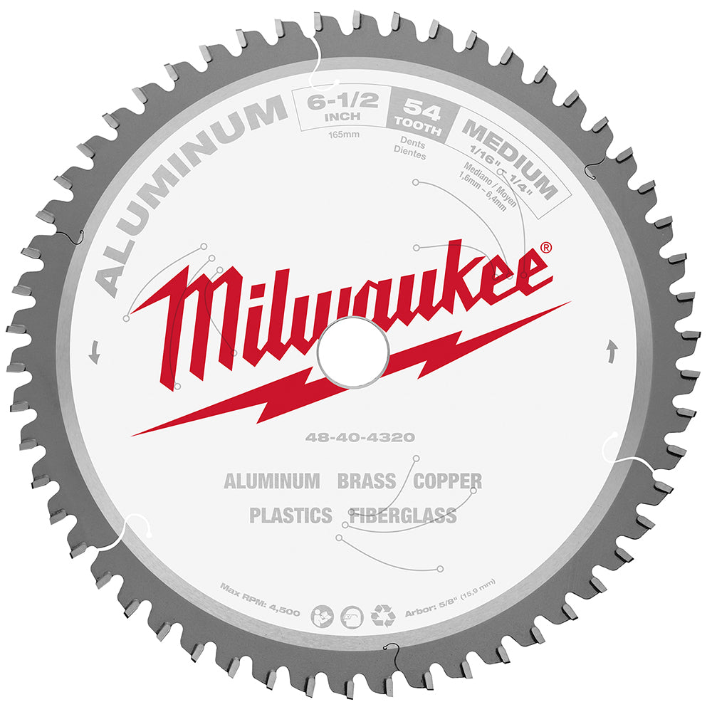 Milwaukee 6-1/2 inch aluminum cutting circular saw blade with 54 teeth, medium tooth configuration for aluminum, brass, coppe