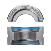 Milwaukee 49-16-U300 aluminum U-style die for 300 MCM cable, shown from top and side views with blue alignment guides.