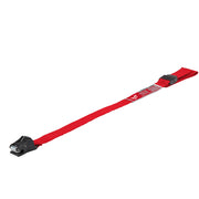 Red hard hat lanyard with black plastic connectors at each end and safety label in center.