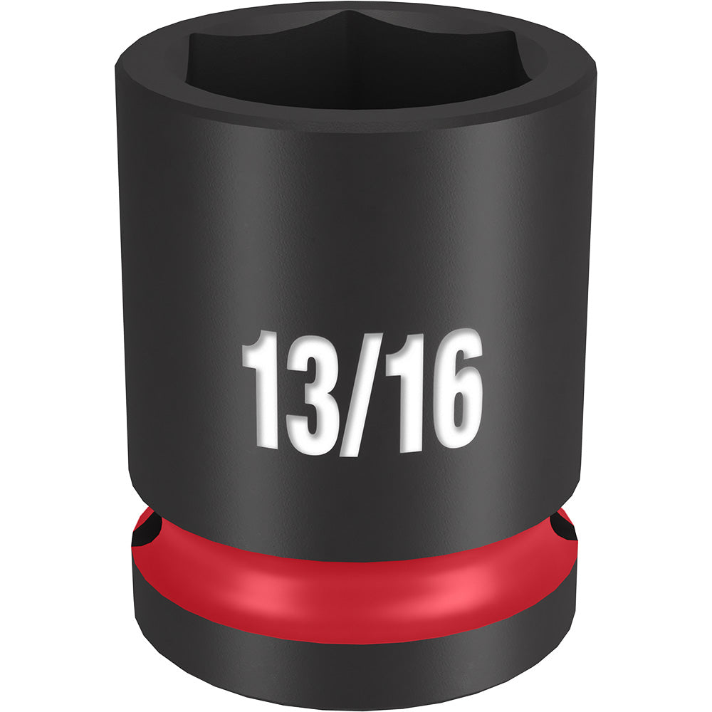 Black impact socket with 13/16" size marking and red grip band on 1/2" drive base.