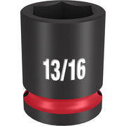 Black impact socket with 13/16" size marking and red grip band on 1/2" drive base.