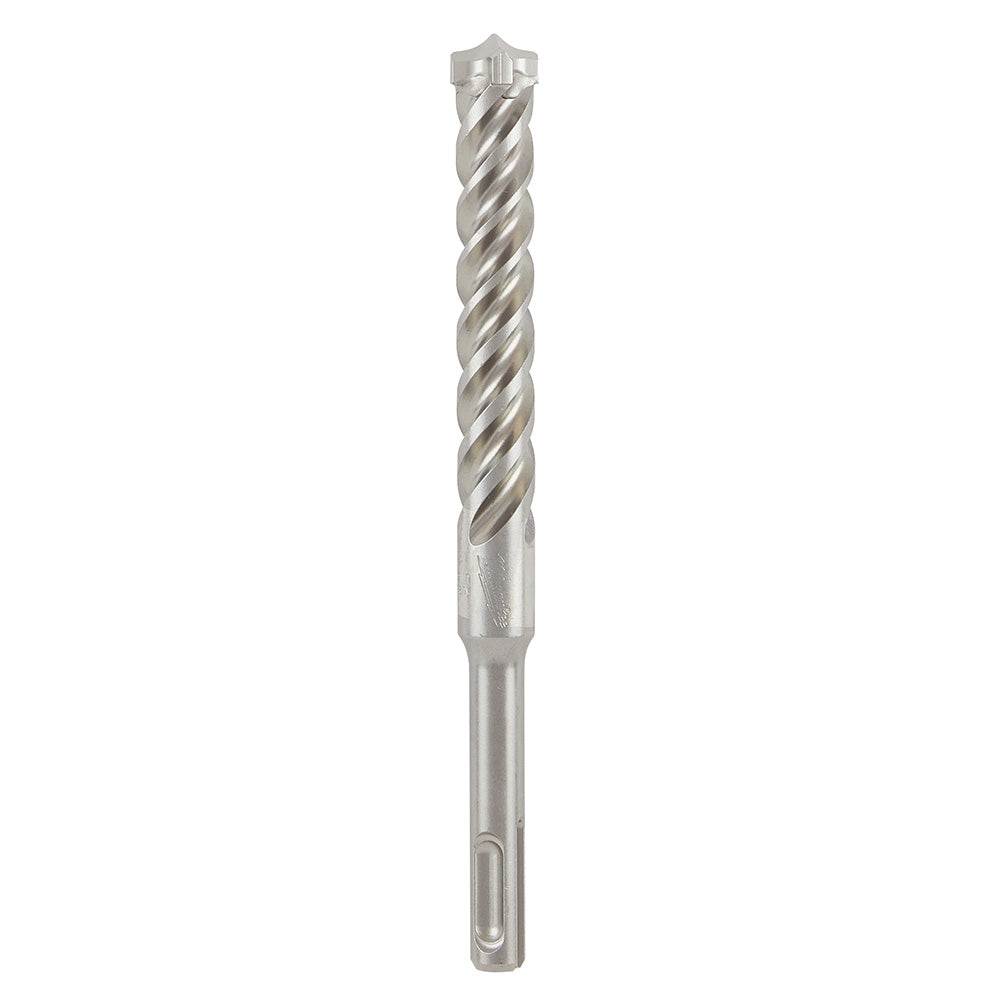 Silver SDS-Plus masonry drill bit with spiral flutes and pointed tip against white background.