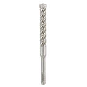 Silver SDS-Plus masonry drill bit with spiral flutes and pointed tip against white background.