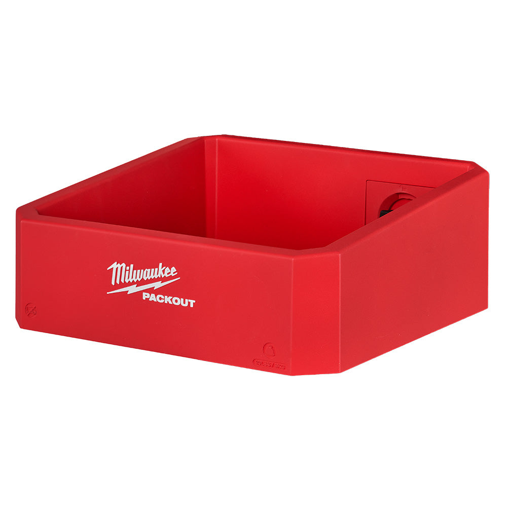 Red plastic Milwaukee PACKOUT compact shelf with open top and side handle.