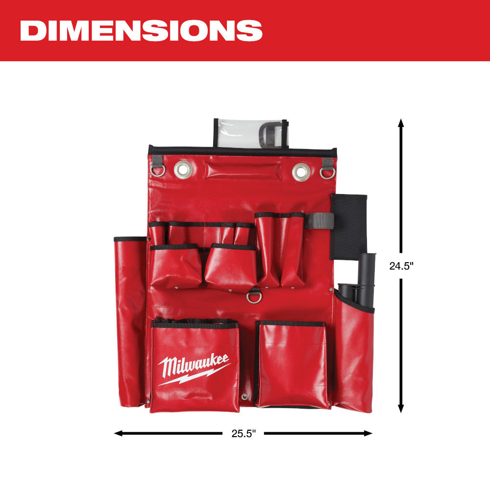 Red and black Milwaukee tool apron with multiple pockets, 25.5" wide by 24.5" tall, featuring metal D-rings and attachment lo