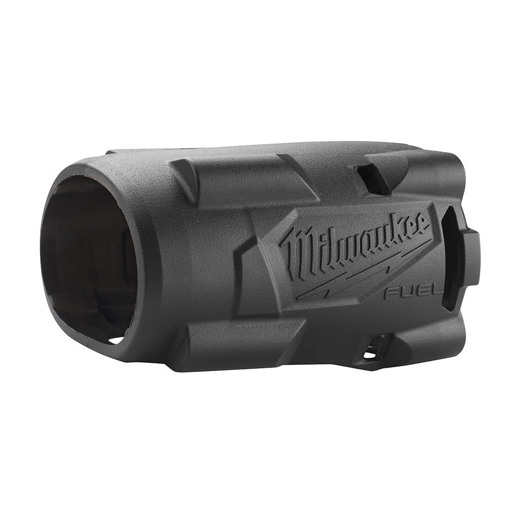 Black rubber protective boot for Milwaukee M18 FUEL compact impact wrench with embossed branding and mounting slots.