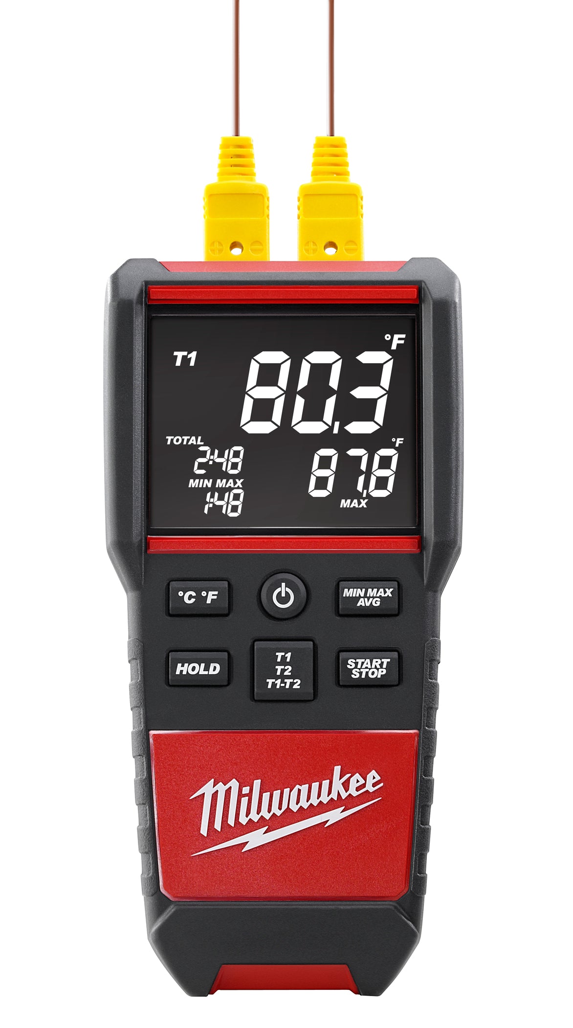 Milwaukee contact temperature meter with dual yellow thermocouple probes and digital display showing temperature readings.