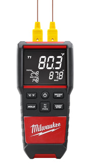 Milwaukee contact temperature meter with dual yellow thermocouple probes and digital display showing temperature readings.
