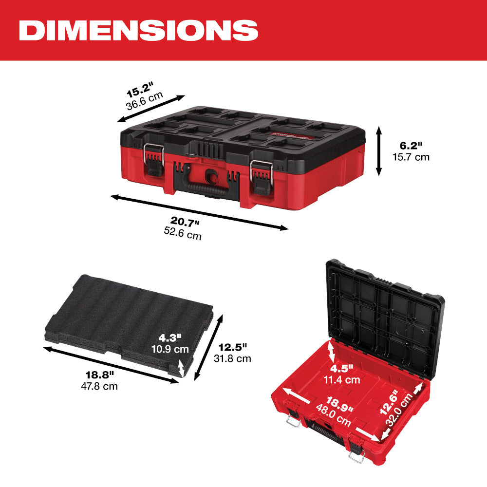 Red and black Milwaukee PACKOUT tool case with foam insert, measuring 20.7" x 15.2" x 6.2" with removable compartments.