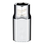 Polished chrome 1/2" drive socket with 7/16" hex opening and Milwaukee branding.
