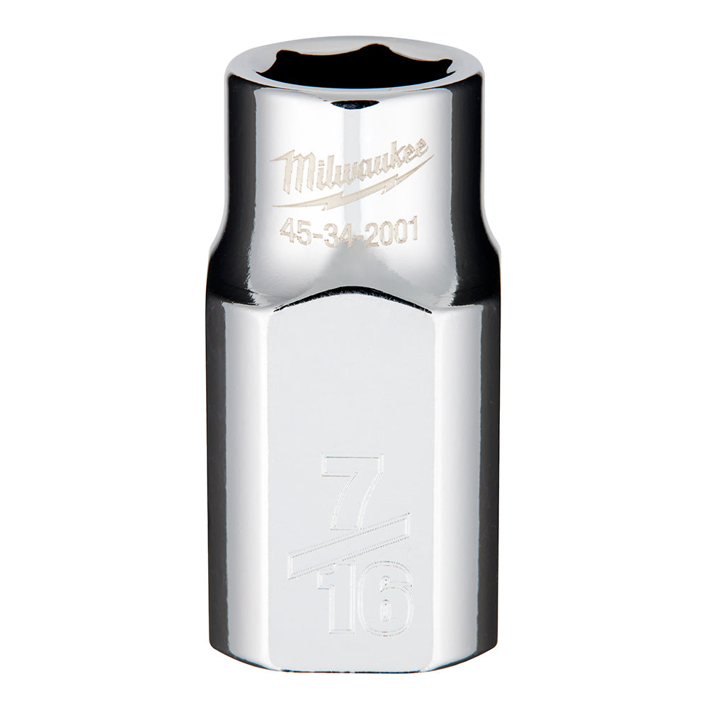 Polished chrome 1/2" drive socket with 7/16" hex opening and Milwaukee branding.