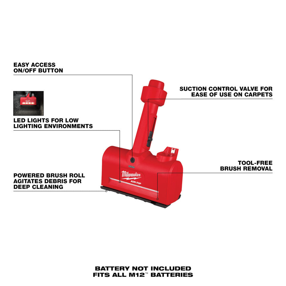 Red Milwaukee M12 AIR-TIP utility nozzle with powered brush roll, LED lights, suction control valve, and labeled feature call