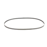 Thin metal band saw blade with teeth along the edge, shown in a circular loop formation.