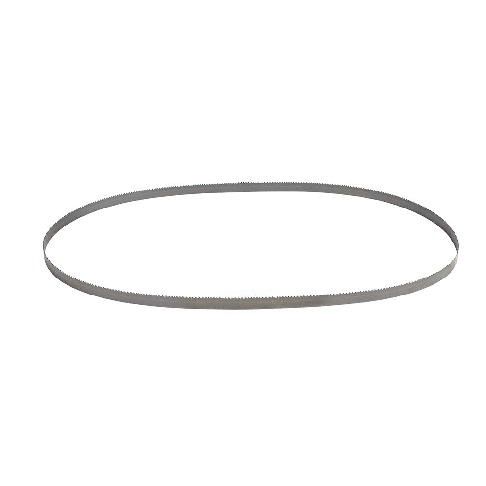 Metal band saw blade with fine teeth along the edge, displayed as a flat oval loop.