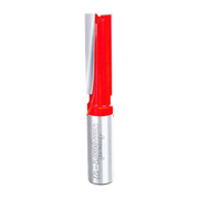 Red and silver router bit with 1/2" diameter straight cutting head and two flutes.