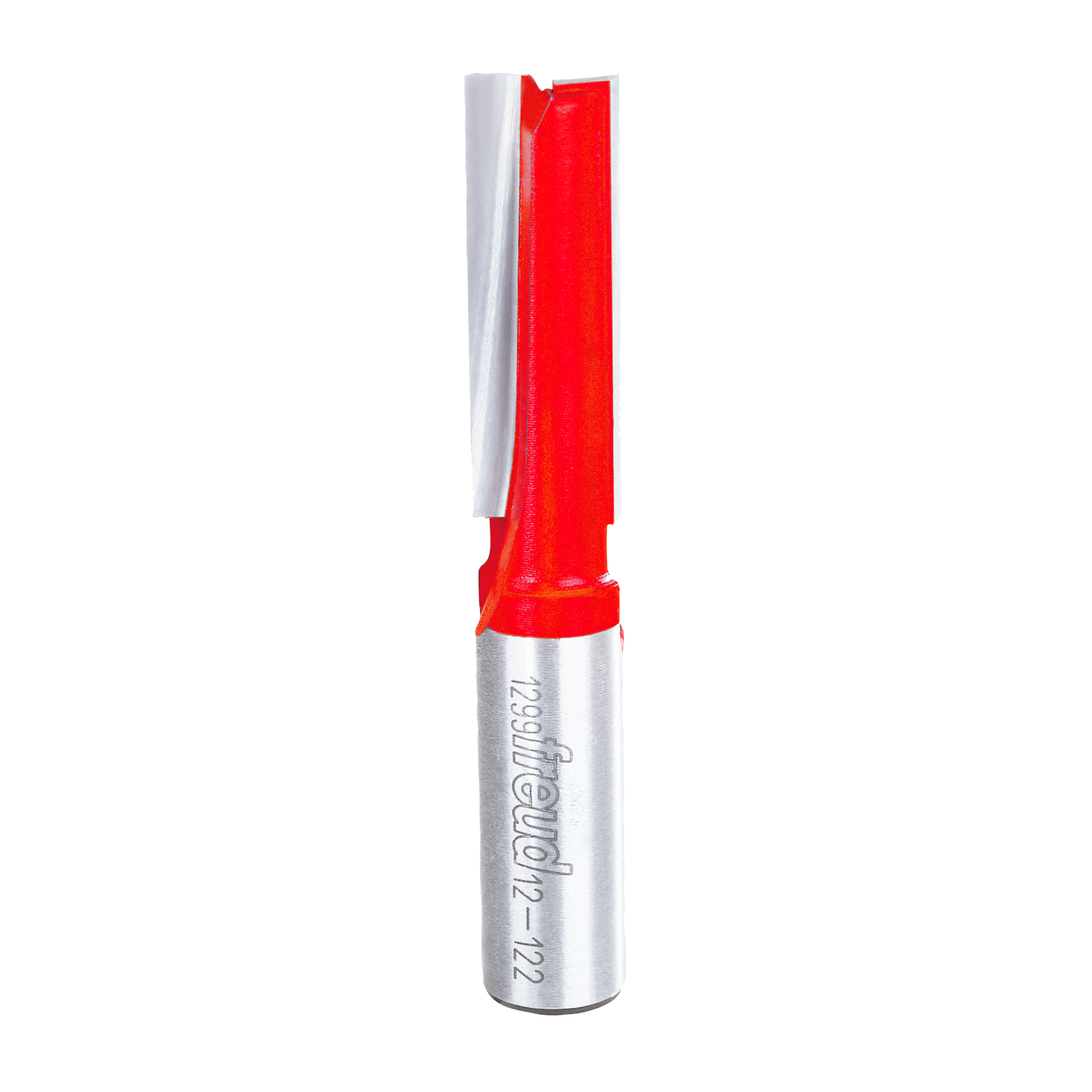 Red and silver router bit with 1/2" diameter straight cutting head and two flutes.