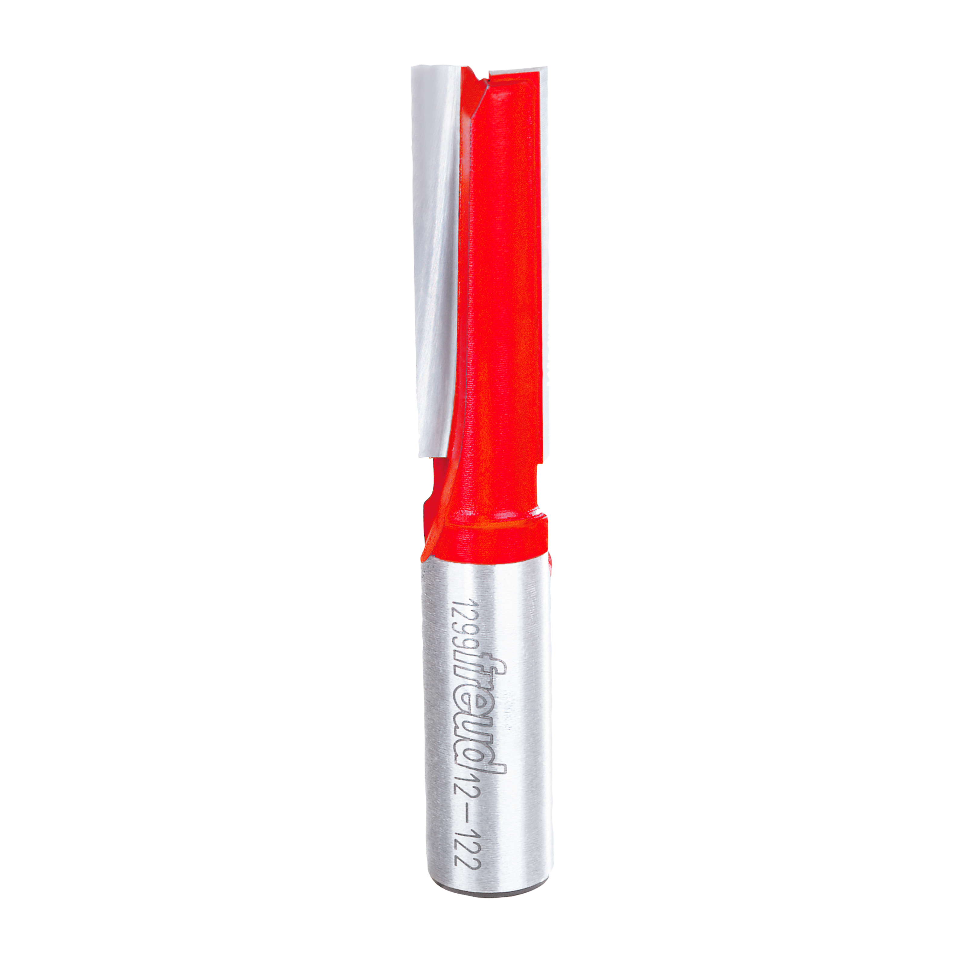 Red and silver router bit with 1/2" diameter straight cutting head and two flutes.
