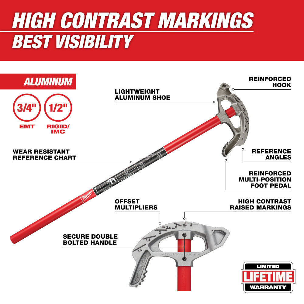 Milwaukee aluminum conduit bender with red handle, reinforced hook, reference angles, and foot pedal for 3/4 inch EMT and 1/2