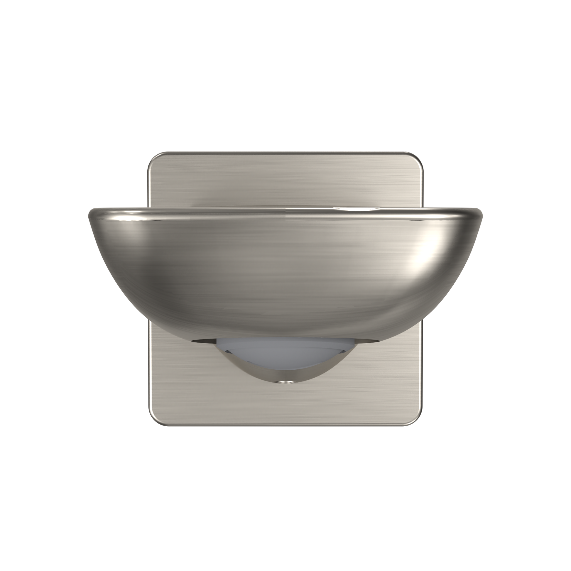 Brushed nickel wall-mounted tub spout with curved bowl shape and rectangular mounting plate.