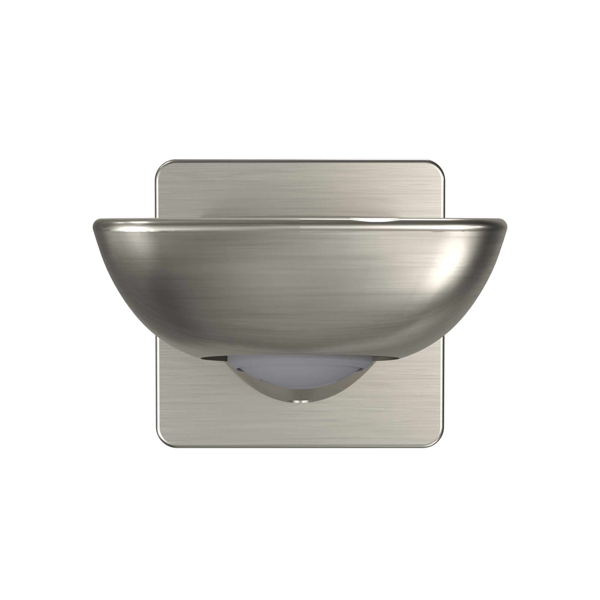 Brushed nickel wall-mounted tub spout with curved bowl shape and rectangular mounting plate.