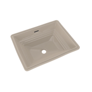Bone-colored rectangular undermount bathroom sink with single basin and overflow hole.