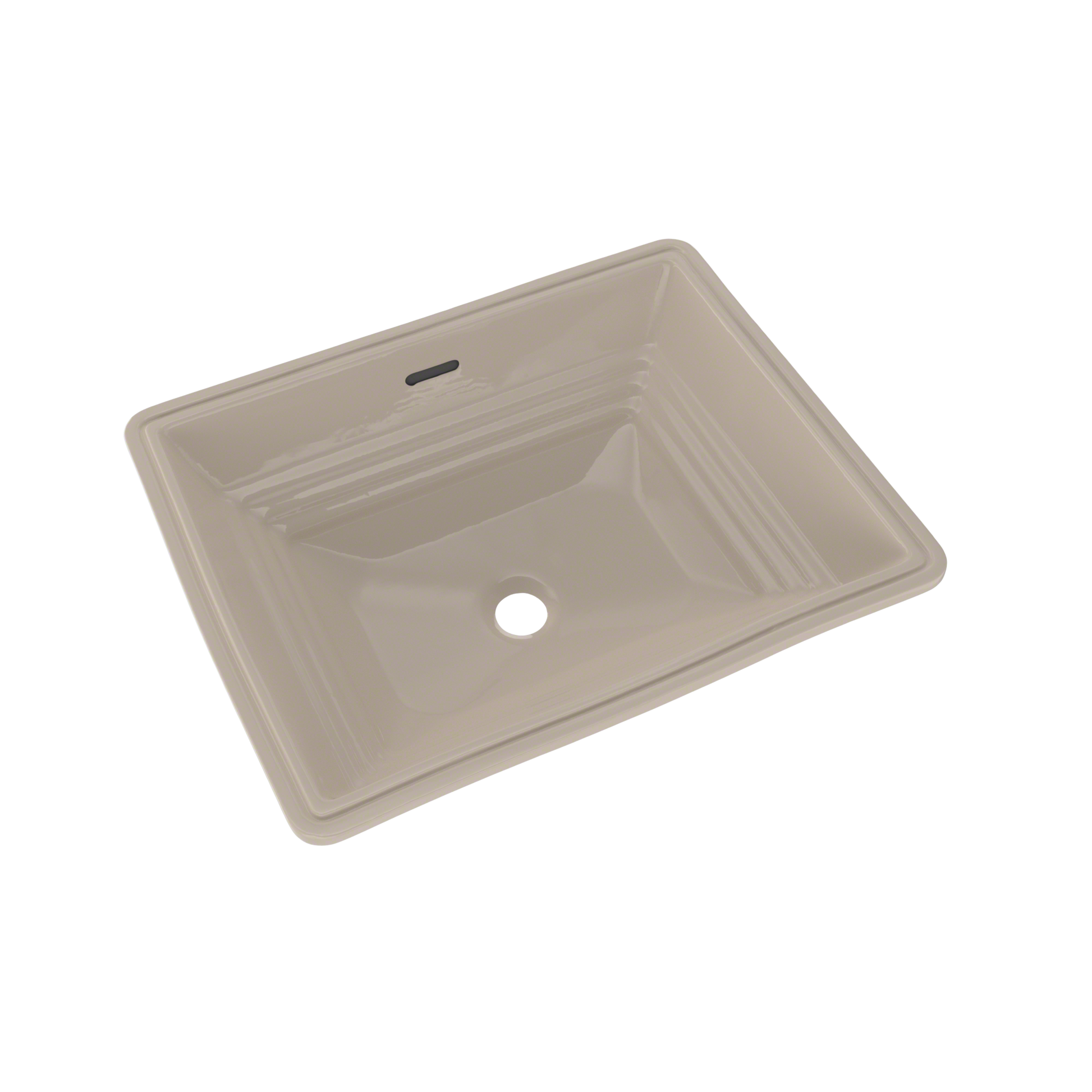 Bone-colored rectangular undermount bathroom sink with single basin and overflow hole.