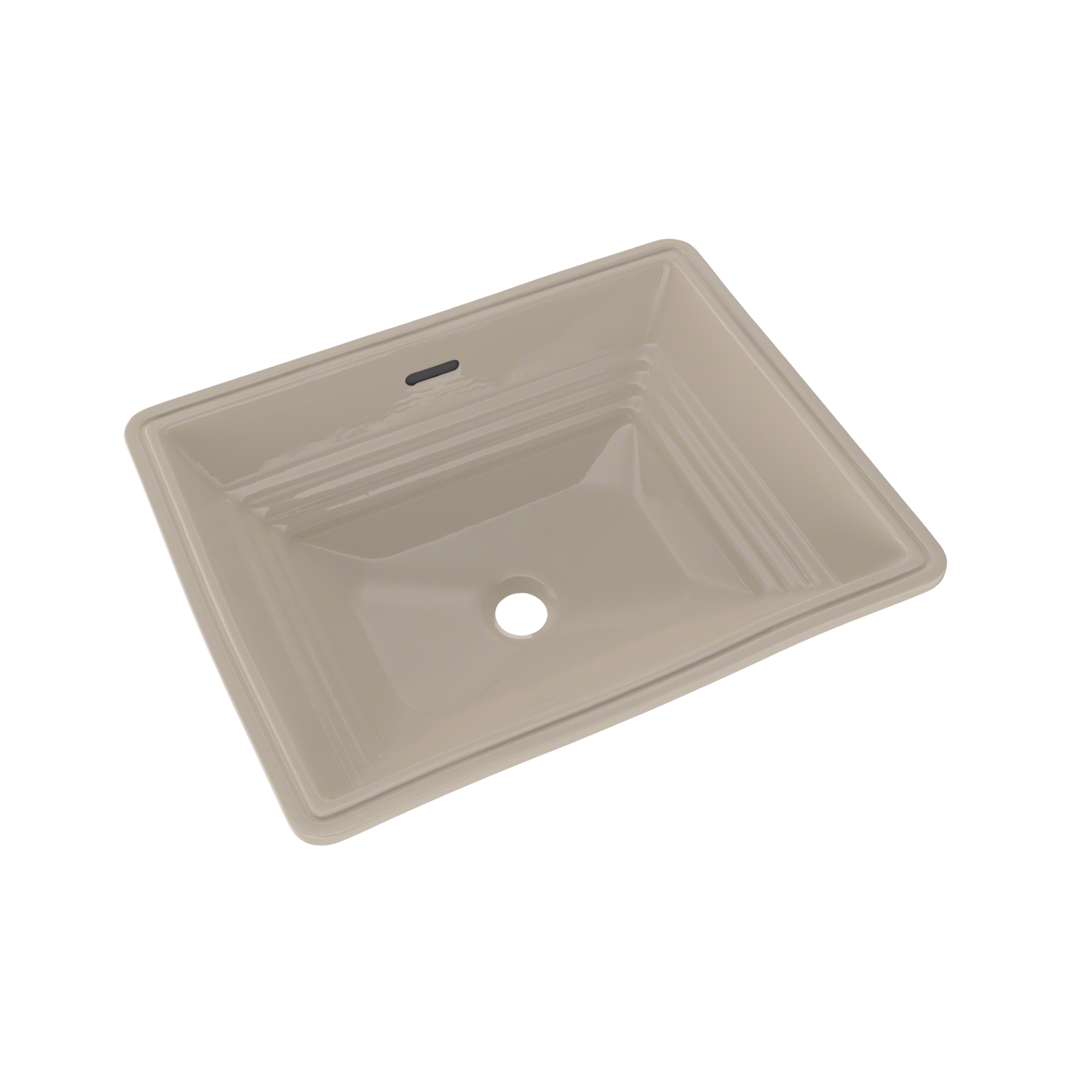 Bone-colored rectangular undermount bathroom sink with single basin and overflow hole.