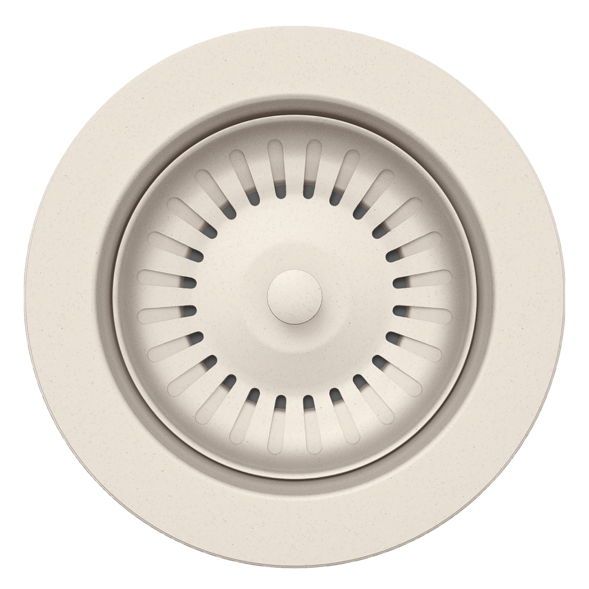 Soft white metal waste flange with circular rim and radial slot vents around central post.