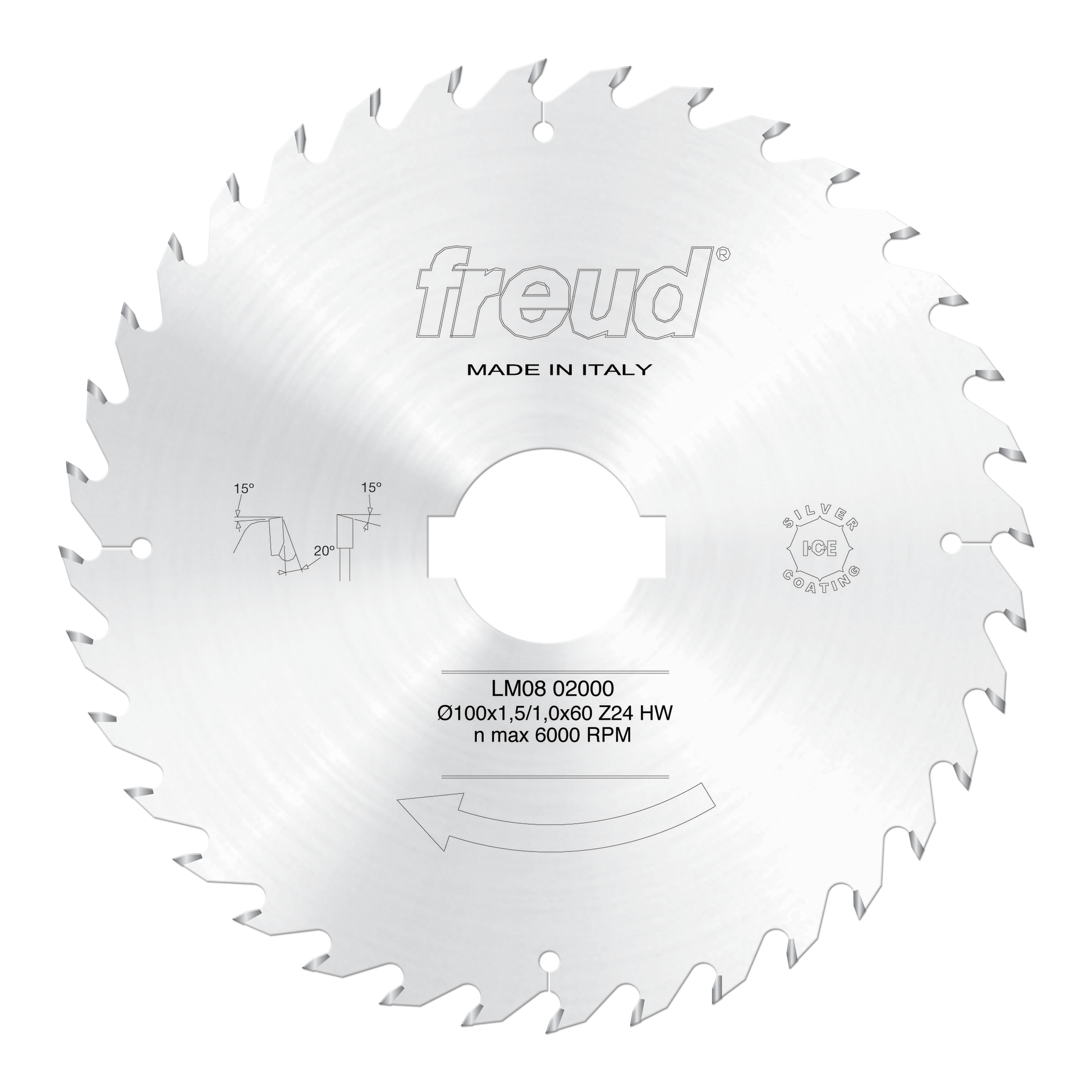 Freud circular saw blade with 24 carbide teeth, central mounting hole, and angle markings on white steel body.