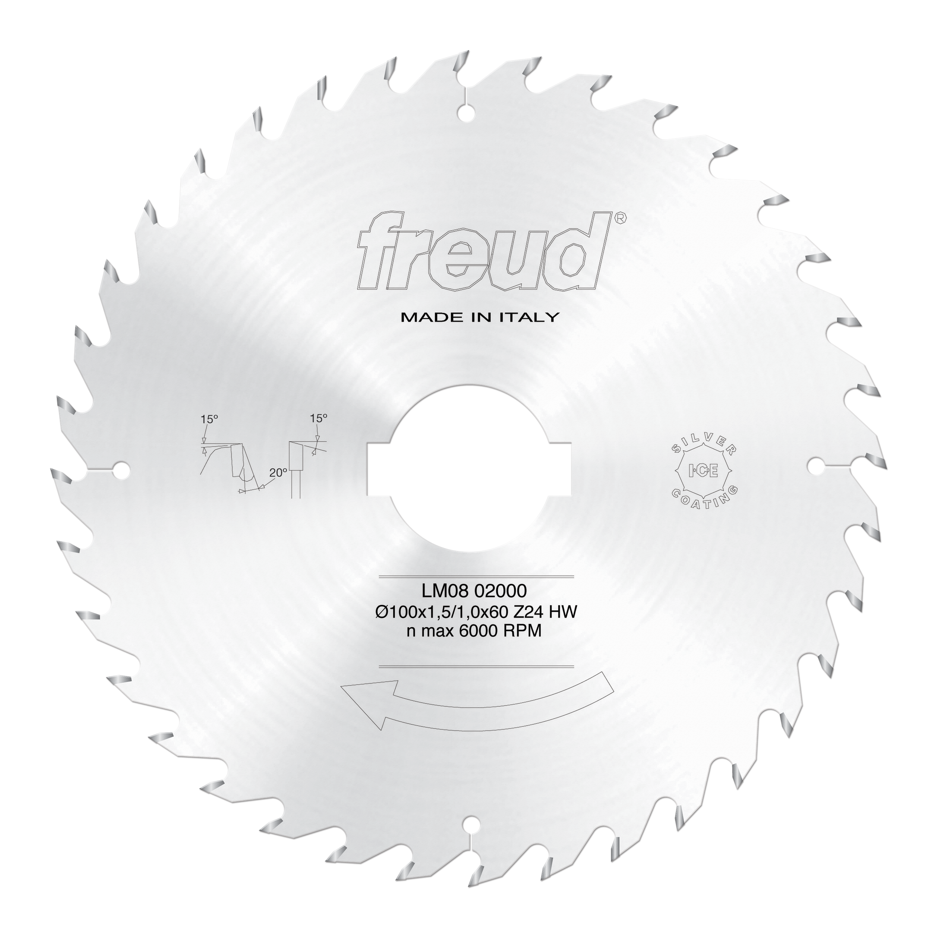 Freud circular saw blade with 24 carbide teeth, central mounting hole, and angle markings on white steel body.