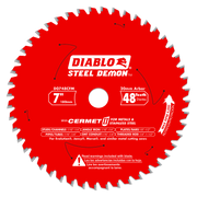 Red circular saw blade with 48 silver-tipped teeth, white center arbor hole, and Diablo Steel Demon branding.