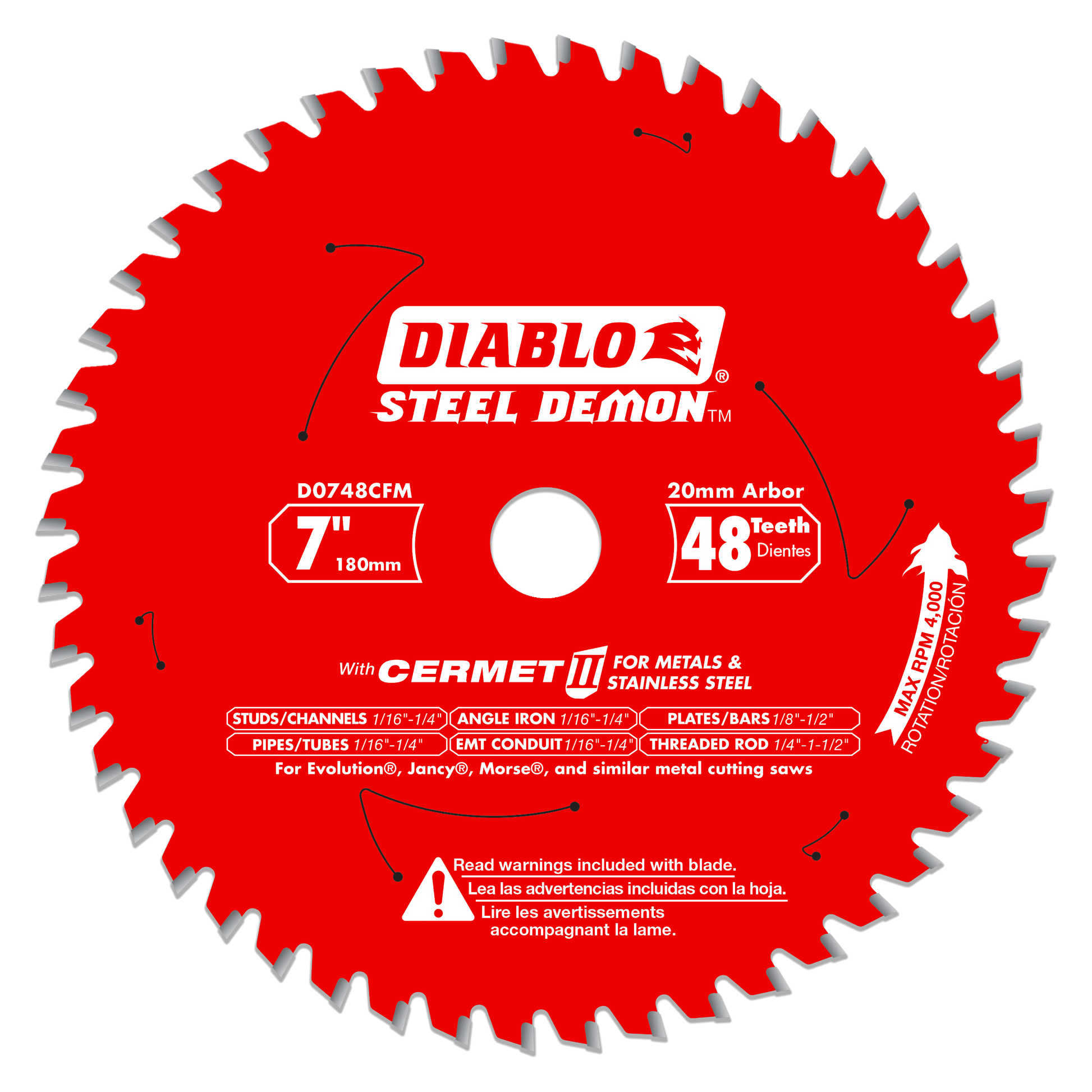 Red circular saw blade with 48 silver-tipped teeth, white center arbor hole, and Diablo Steel Demon branding.