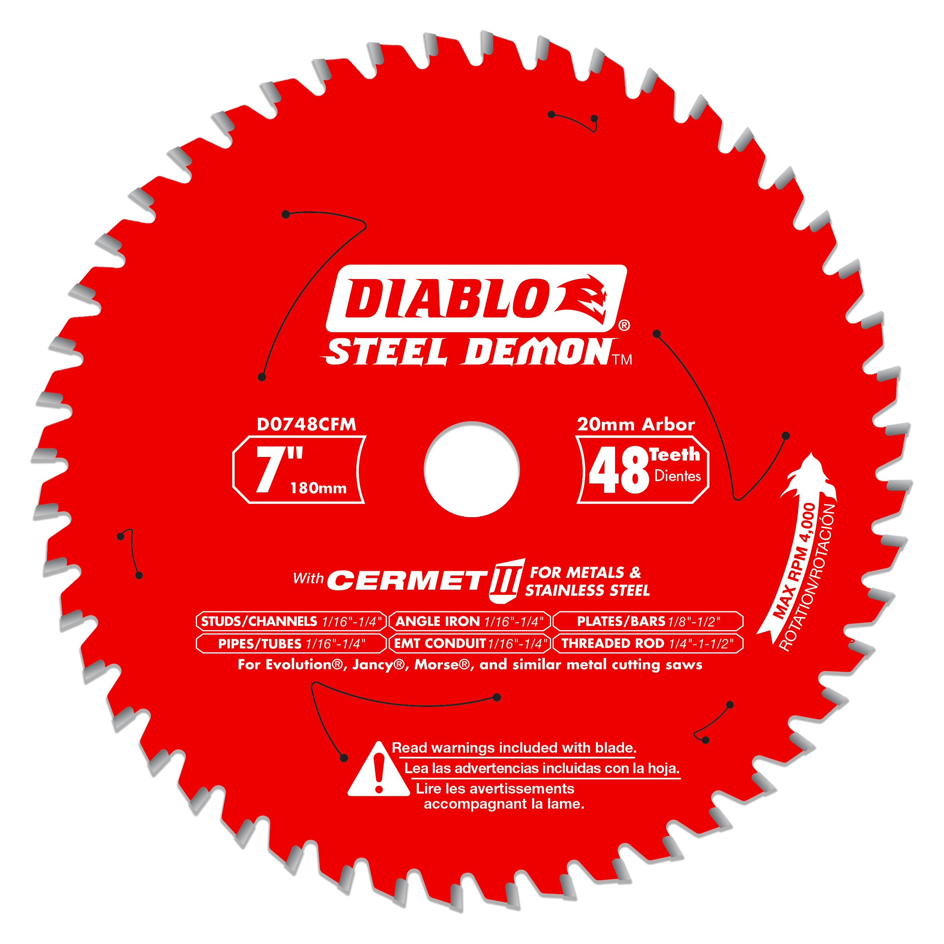 Red circular saw blade with 48 silver-tipped teeth, white center arbor hole, and Diablo Steel Demon branding.
