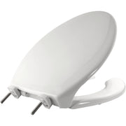 White elongated open-front toilet seat with matching cover and metal fastening bolts visible underneath.