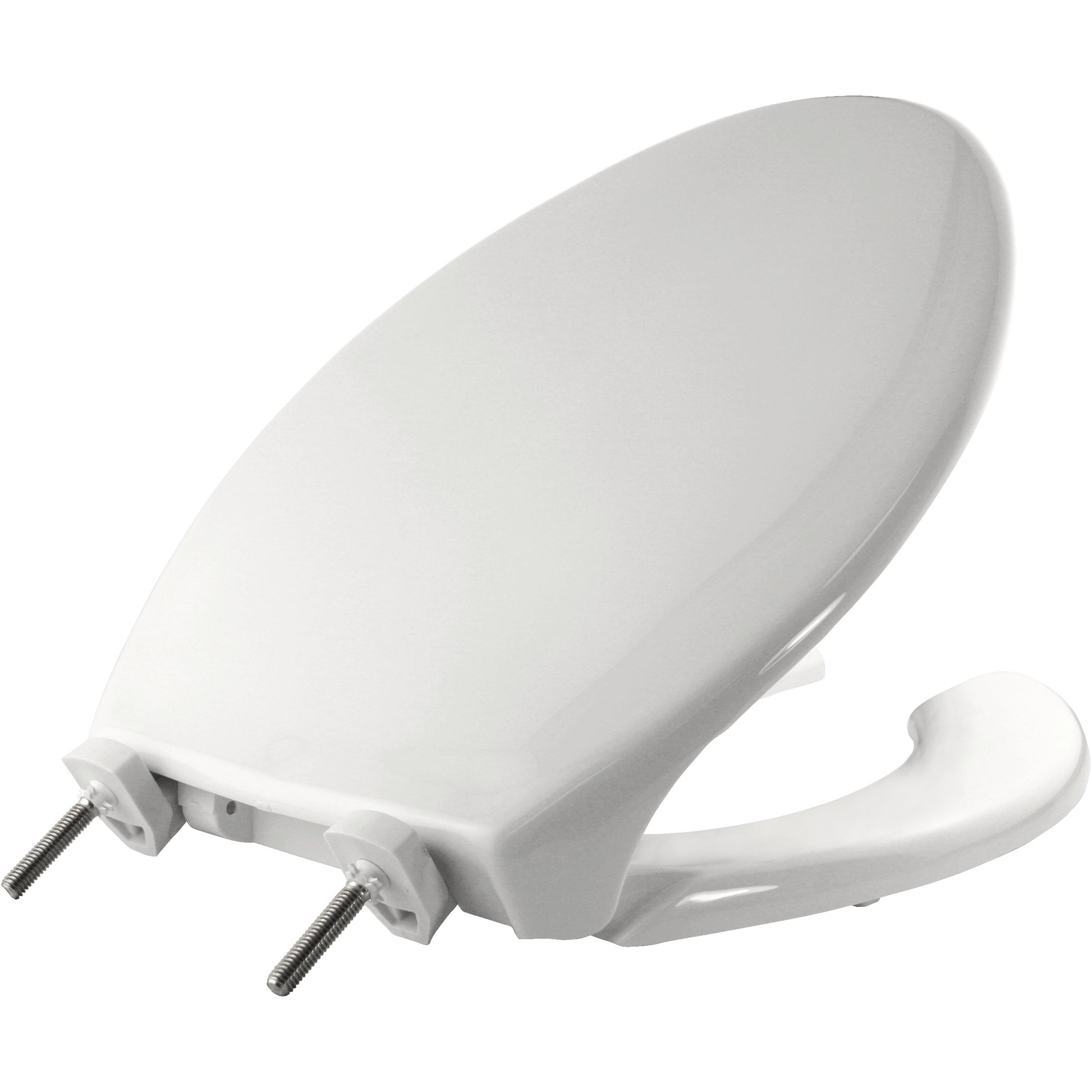 White elongated open-front toilet seat with matching cover and metal fastening bolts visible underneath.
