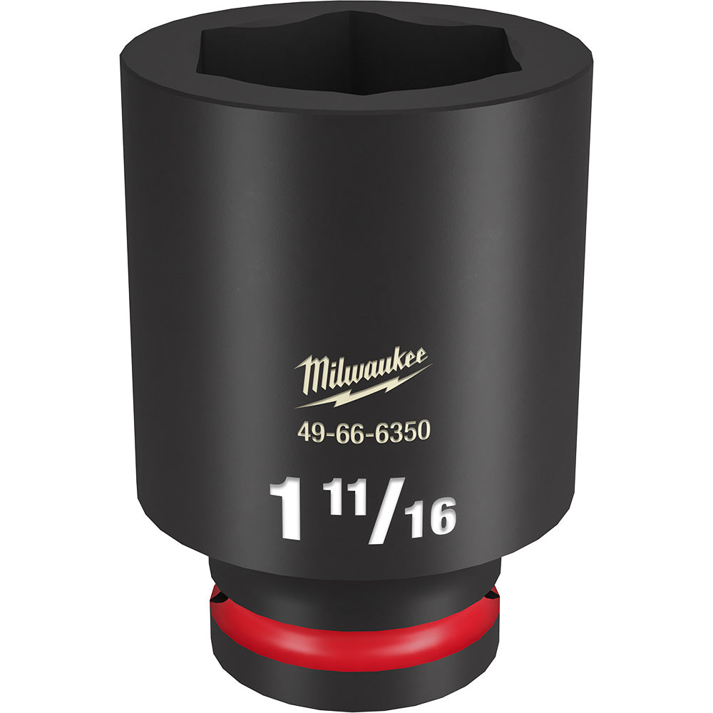 Black Milwaukee deep socket with 6-point hex opening, red grip band at base, model number and size markings visible.