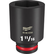 Black Milwaukee deep socket with 6-point hex opening, red grip band at base, model number and size markings visible.