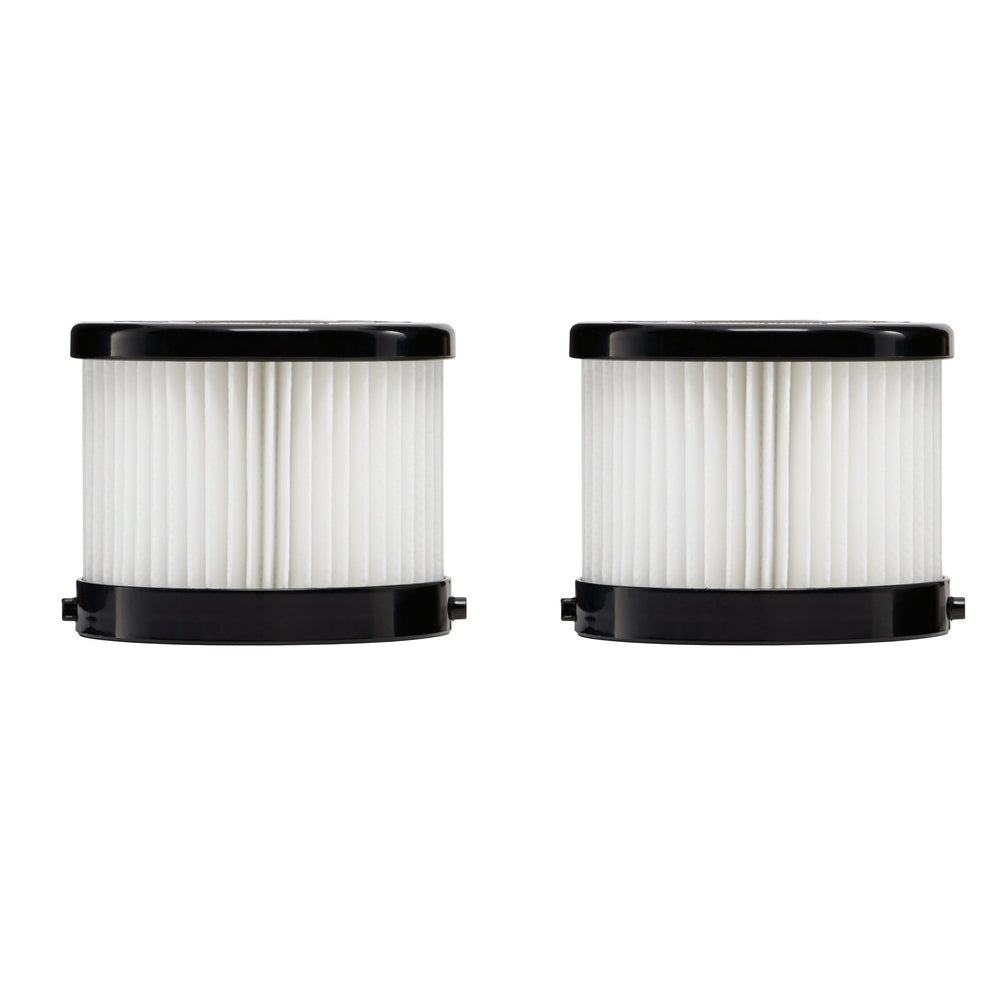 Two cylindrical HEPA filter cartridges with white pleated filter material and black plastic top and bottom caps.