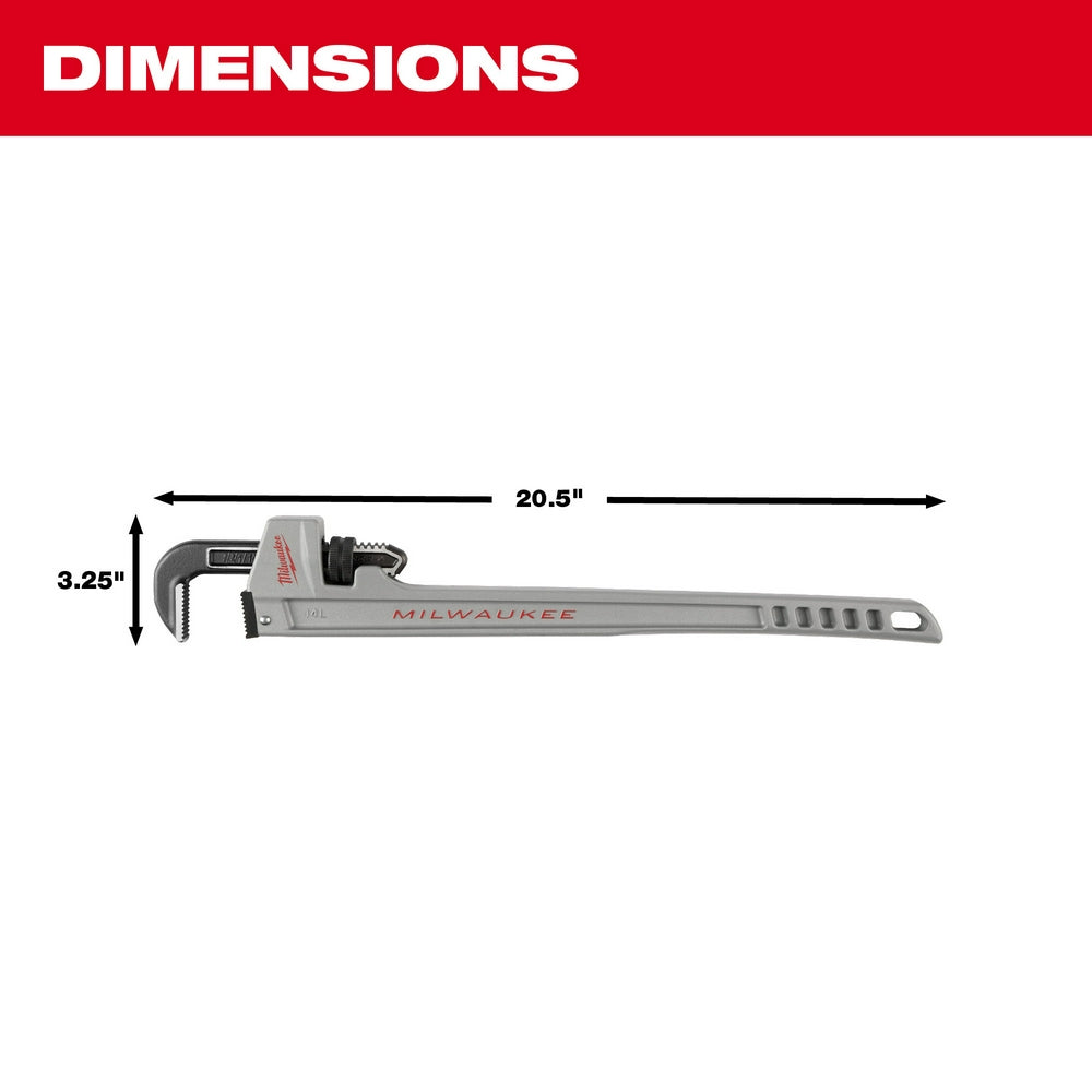 Milwaukee 14-inch aluminum pipe wrench with adjustable jaw and POWERLENGTH handle, measuring 20.5 inches long.