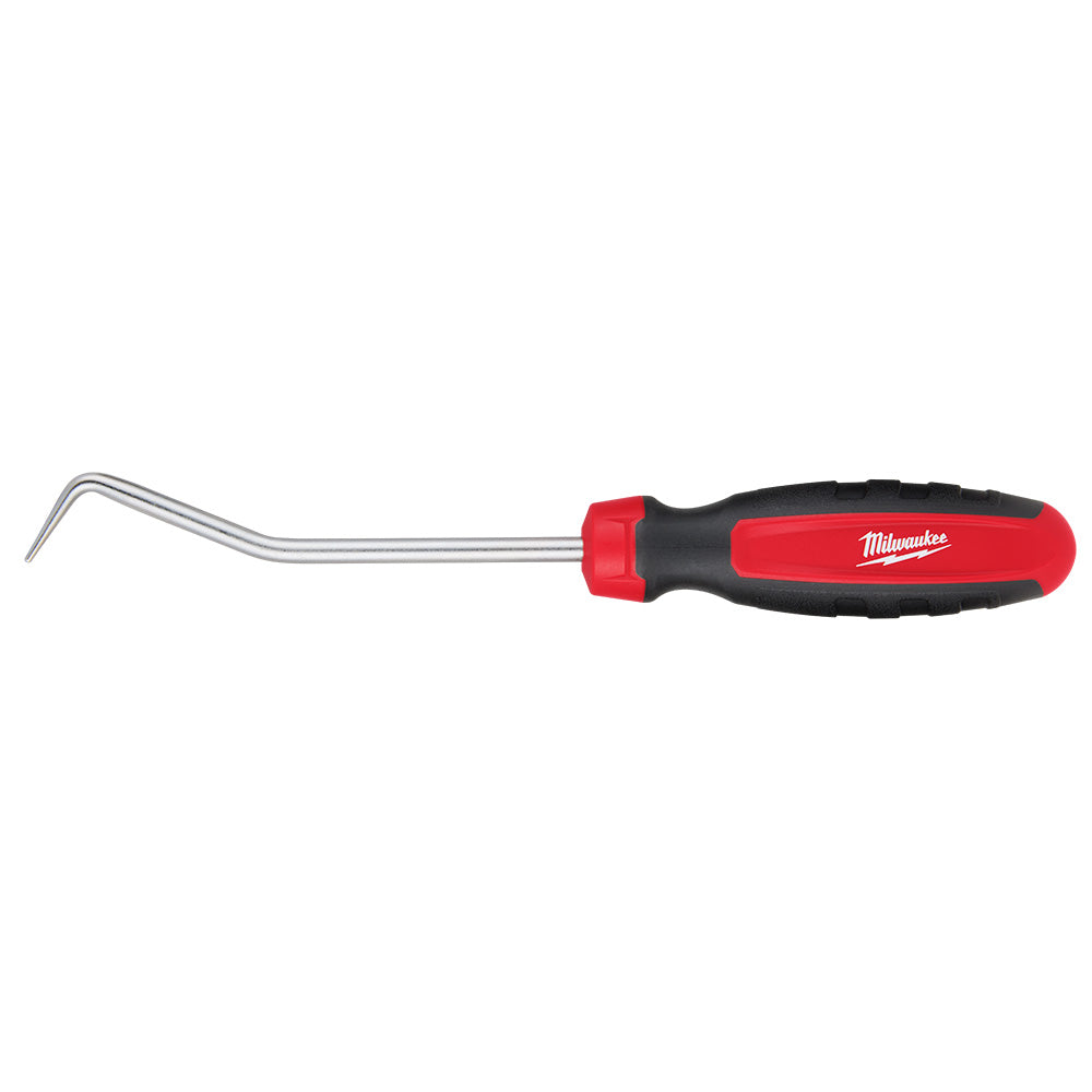 Red and black Milwaukee hose pick with curved metal pick end and comfort grip handle.